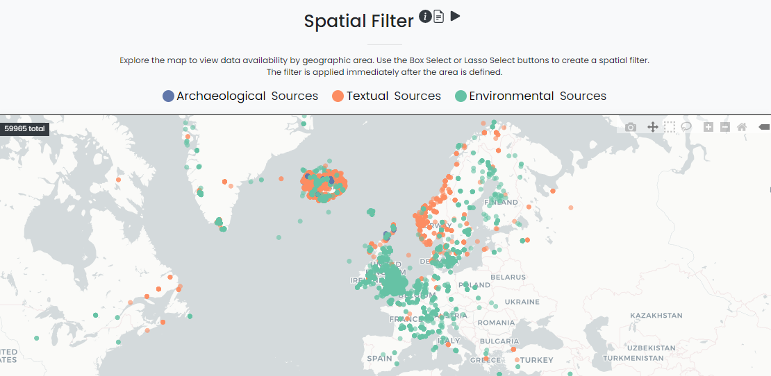 Screenshot of the spatial filter of the dataARC user interface. There is a simple gray-and-white map in the background where gray represents water and white represents land. Across the region of interest, there are blue, orange, and green dots that represent data the viewer can explore. Each color represents a type of data source: blue for archaeological, orange for textual, green for environmental.