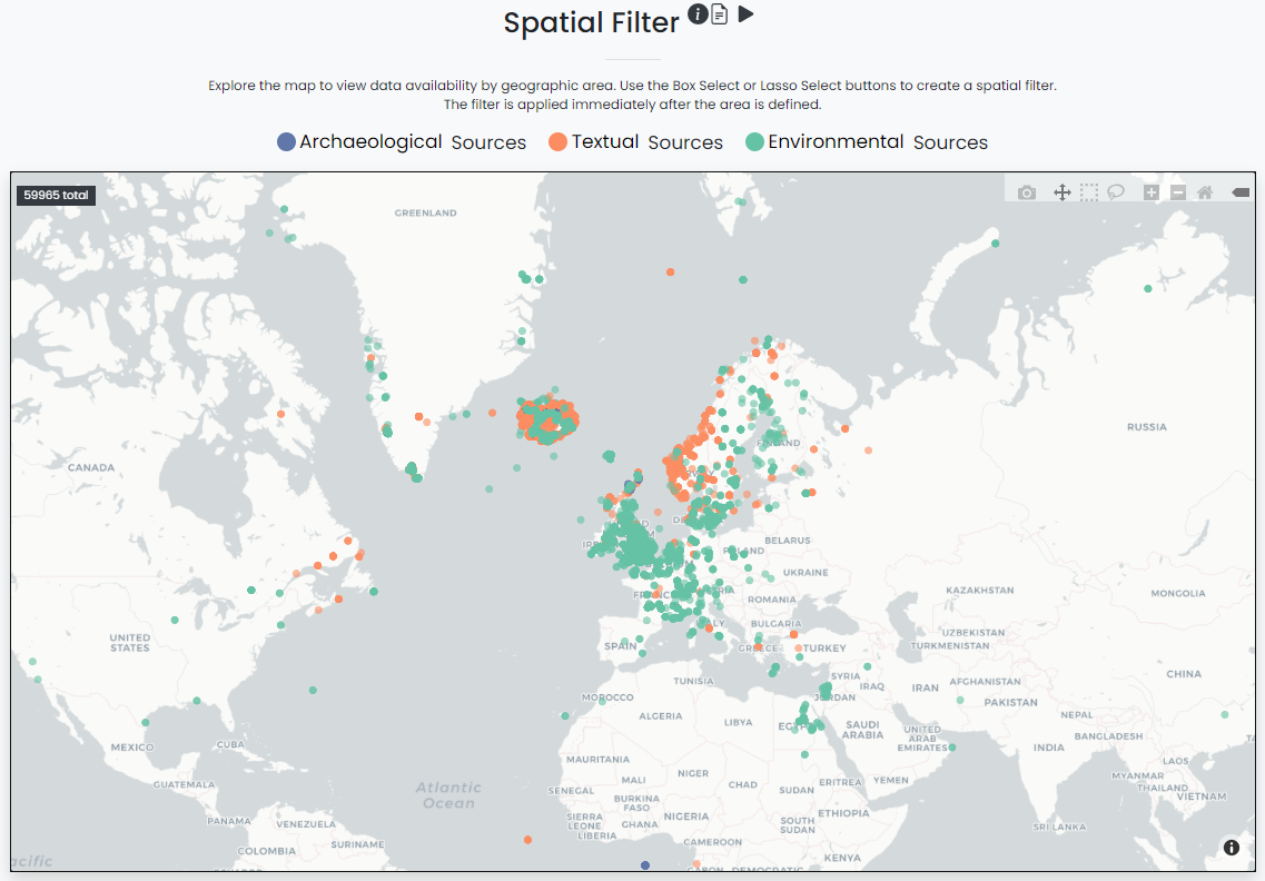 Spatial search Screenshot of the spatial filter of the dataARC user interface. There is a simple gray-and-white map in the background where gray represents water and white represents land. Across the region of interest, there are blue, orange, and green dots that represent data the viewer can explore. Each color represents a type of data source: blue for archaeological, orange for textual, green for environmental.