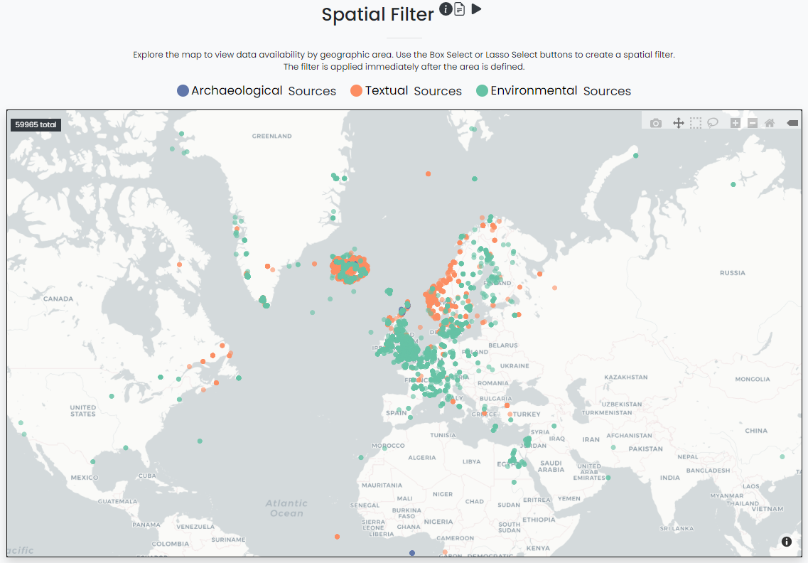 Screenshot of the spatial filter of the dataARC user interface. There is a simple gray-and-white map in the background where gray represents water and white represents land. Across the region of interest, there are blue, orange, and green dots that represent data the viewer can explore. Each color represents a type of data source: blue for archaeological, orange for textual, green for environmental.