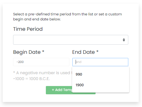 Screenshot of a portion of the temporal search functions in the dataARC search tool. This image shows options for the user to select from a drop-down list of pre-defined time periods ("Time Period") and places to enter Begin Date and End Date. At the bottom of this window there is the prompt to add this temporal filter.