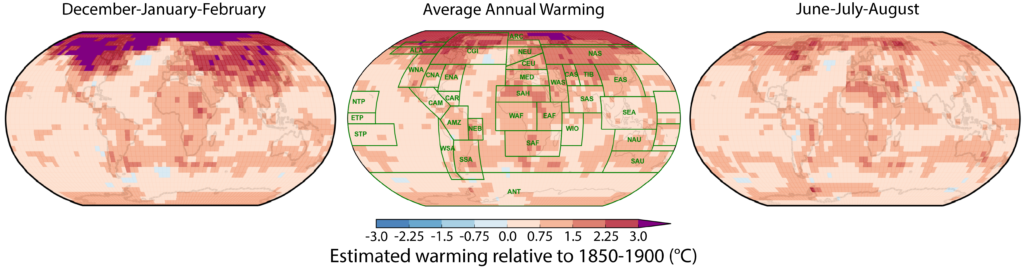 Seasonal and annual maps of regional warming between 2006-2015 compared to their pre-industrial baselines. Figure adapted from IPCC (2021).